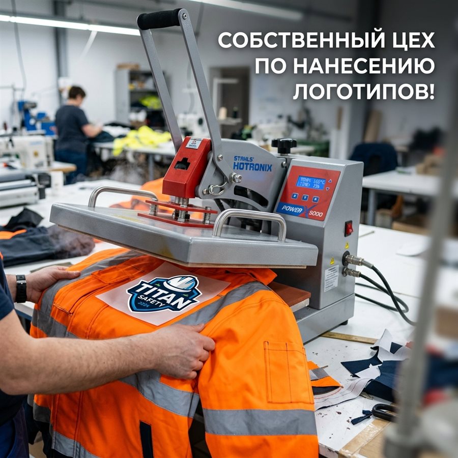 Собственный цех по нанесению логотипов: термопресс наносит логотип на сигнальную куртку